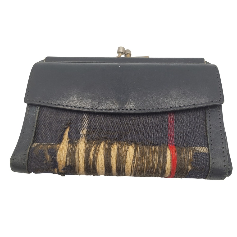 Vintage Burberrys Navy Blue Leather Plaid Canvas Trifold Kiss Lock Wallet DAMAGE